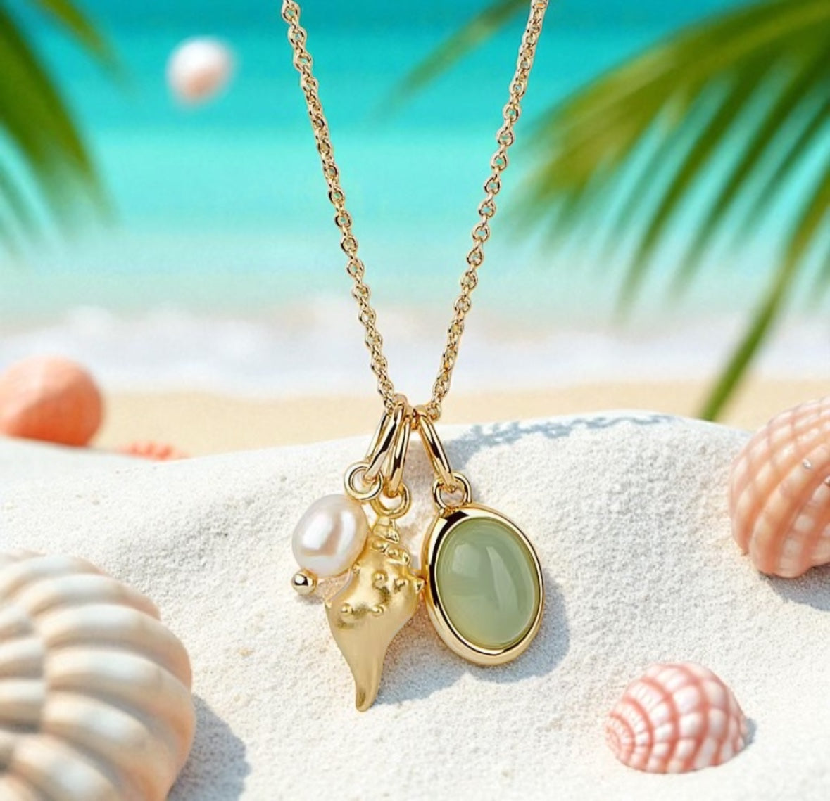 Nympha — Collana Charm con Conchiglia, Perla e Gemma Verde